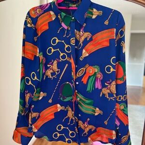 Ralph Lauren Blue Equestrian Print Blouse